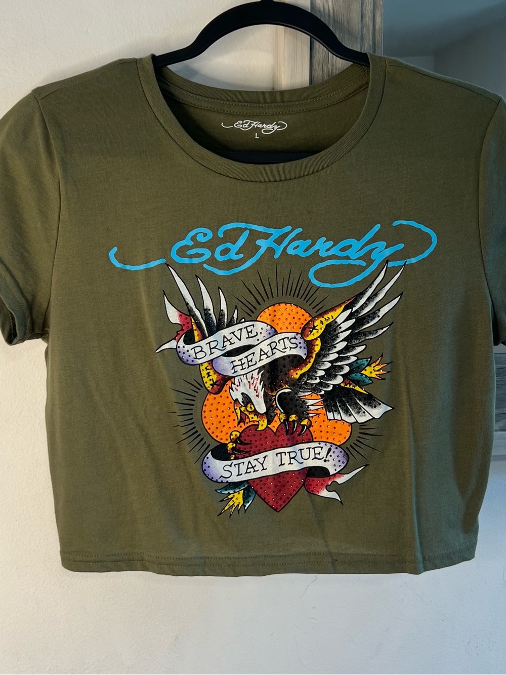 Ed Hardy Olive Graphic Tee with Blue Logo and Multicolor Tattoo Graphic